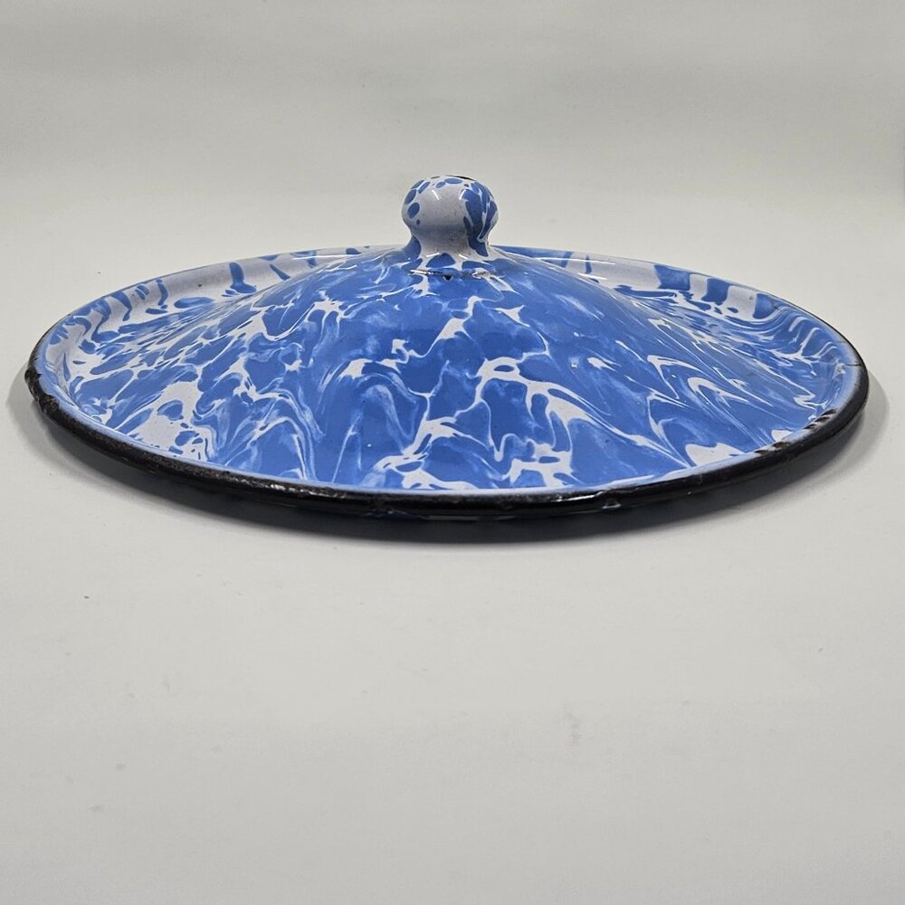 OLDER Blue & White Swirl Enamelware Agateware Graniteware Lid with Round Knob